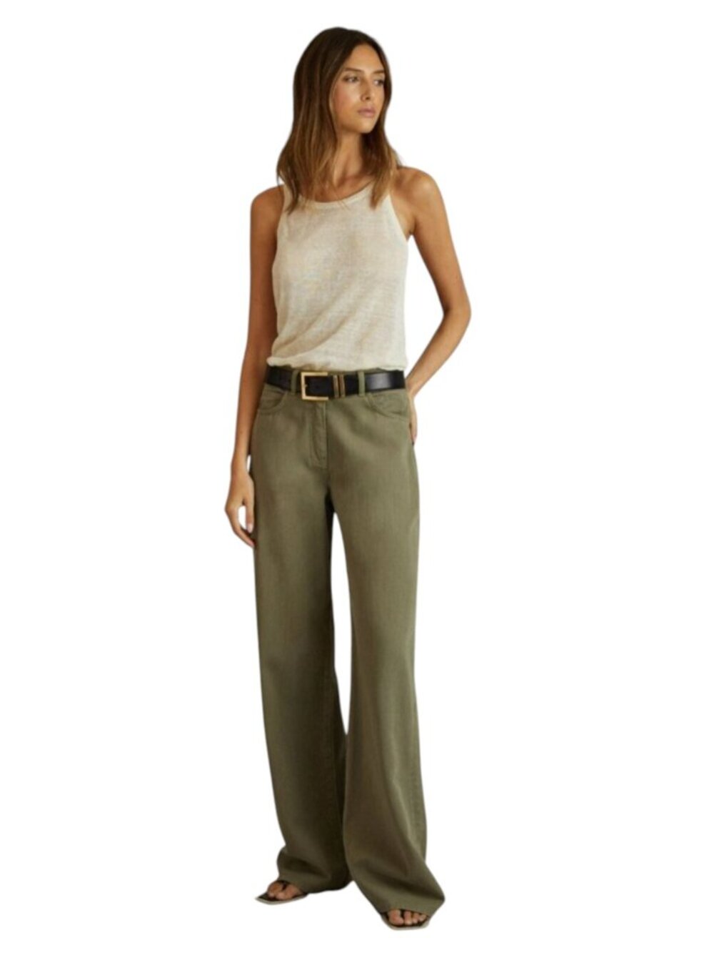 NEW REISS Women’s Colorado Garment-Dyed Wide-Leg Trousers – Khaki Green –Size 4R